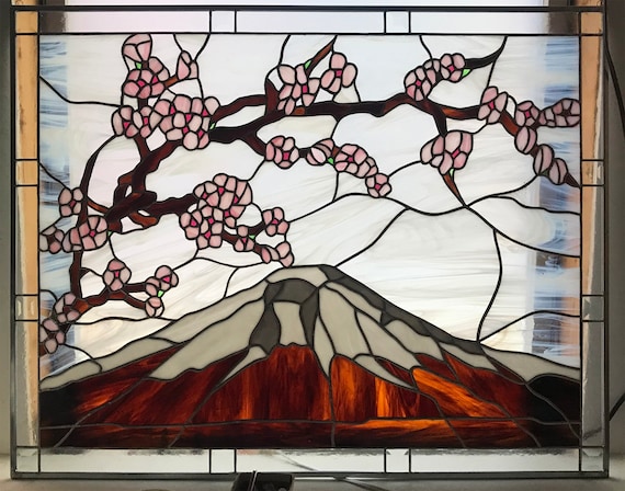 Stained Glass Panel- Mount Fuji With Blossoms- 28
