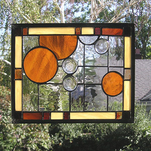 Amber Circles Geometric -Stained Glass Window Panel--9" x 11.5"