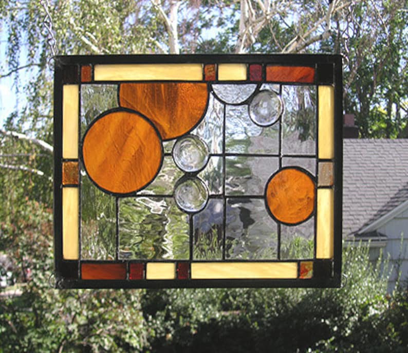 Amber Circles Geometric Stained Glass Window Panel9 x 11.5 image 1