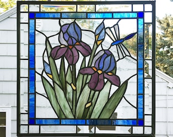 Purple Iris with Dragonfly -15" x 15"--Stained Glass Window Panel--