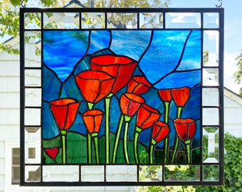 California Poppies Red/Orange Mountain View- 14" x 16"--Stained Glass Panel