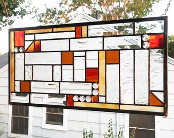 Stained Glass Window Panel--Mission Style Study Geometric -10" x 19"