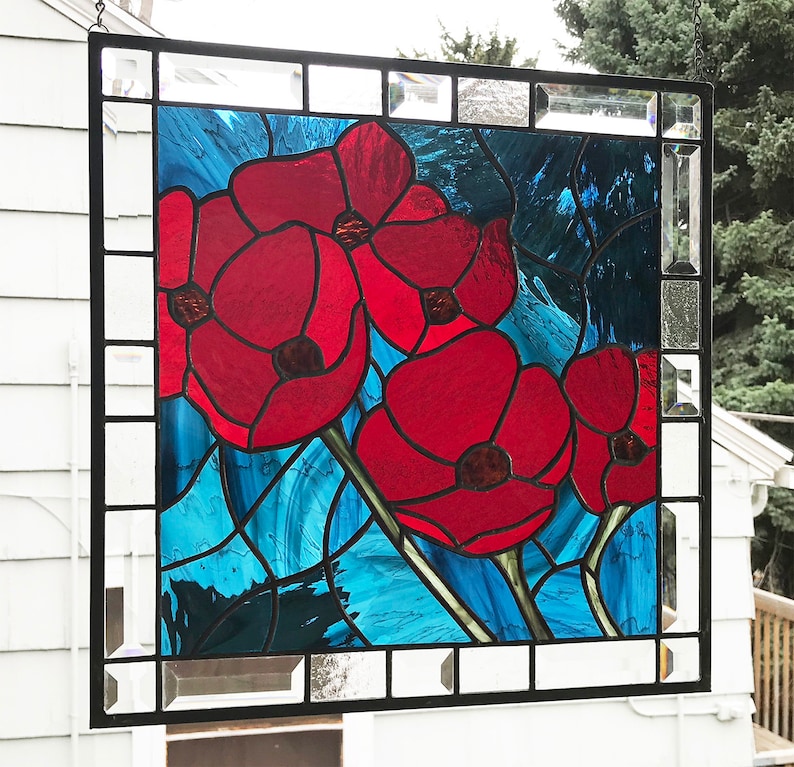 Stained Glass Window PanelRed Oriental Poppies18 x 18 image 4
