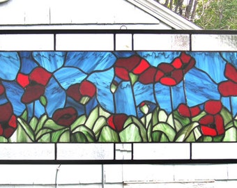 Stained Glass Window Panel--Red Oriental Poppies 11" x 35"