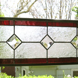 Stained Glass Window Panel--Red and Clear Textured Transom with bevels--6.5&quot; x  18.5&quot;
