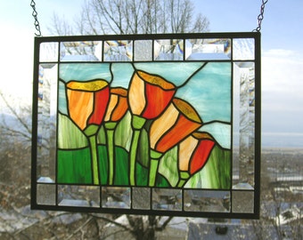 Stained Glass Window Panel--Five California Poppies--12" x  15.5"