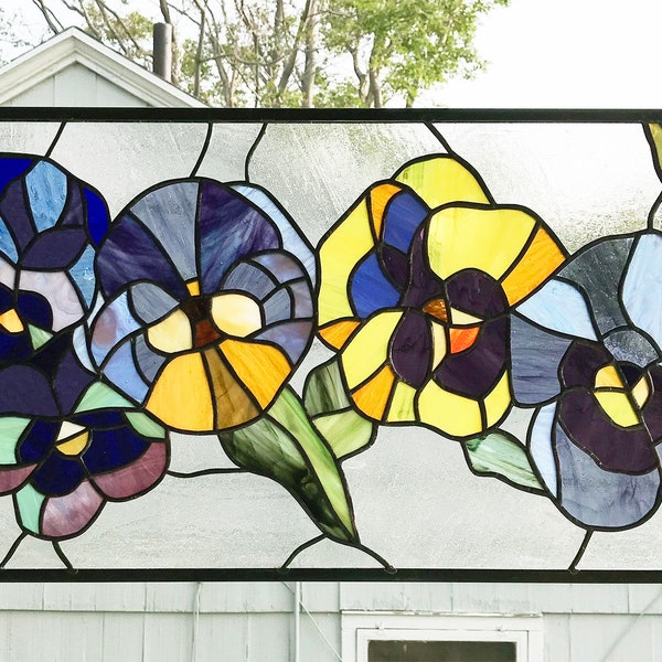 Stained Glass Window Panel--Five Brightly Colored Pansies --11 5/8" tall x 25"wide