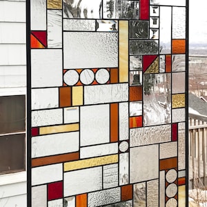 Stained Glass Window Panel--Mission Style Geometric in Clear and Warm Tones --22 3/16&quot; x 45 5/16&quot;
