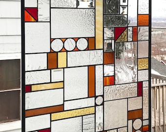 Stained Glass Window Panel--Mission Style Geometric in Clear and Warm Tones --22 3/16" x 45 5/16"