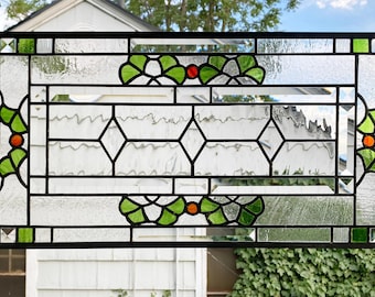 Gingko Leaf Transom with Bevels --12" tall x  24 1/8 "wide--Stained Glass Window Panel