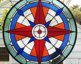 Stained Glass Window Panel--Compass Design  19.75" diameter