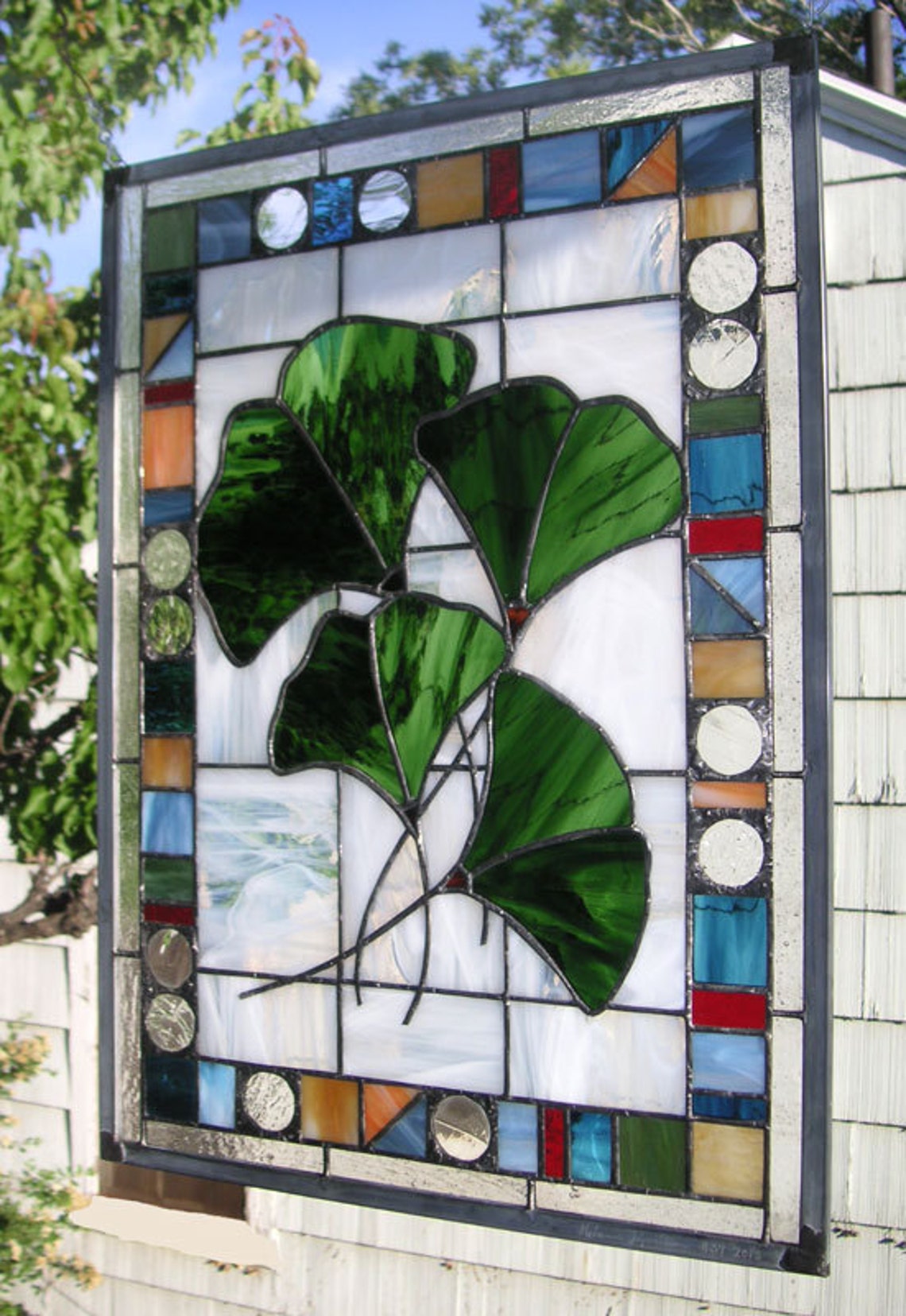 Gingko Window Stained Glass Window Panel--four Gingko Leaves With Geo Border- 16