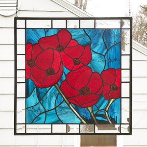 Stained Glass Window Panel--Red Oriental Poppies--18&quot; x  18&quot;