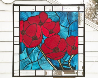 Stained Glass Window Panel--Red Oriental Poppies--18" x  18"