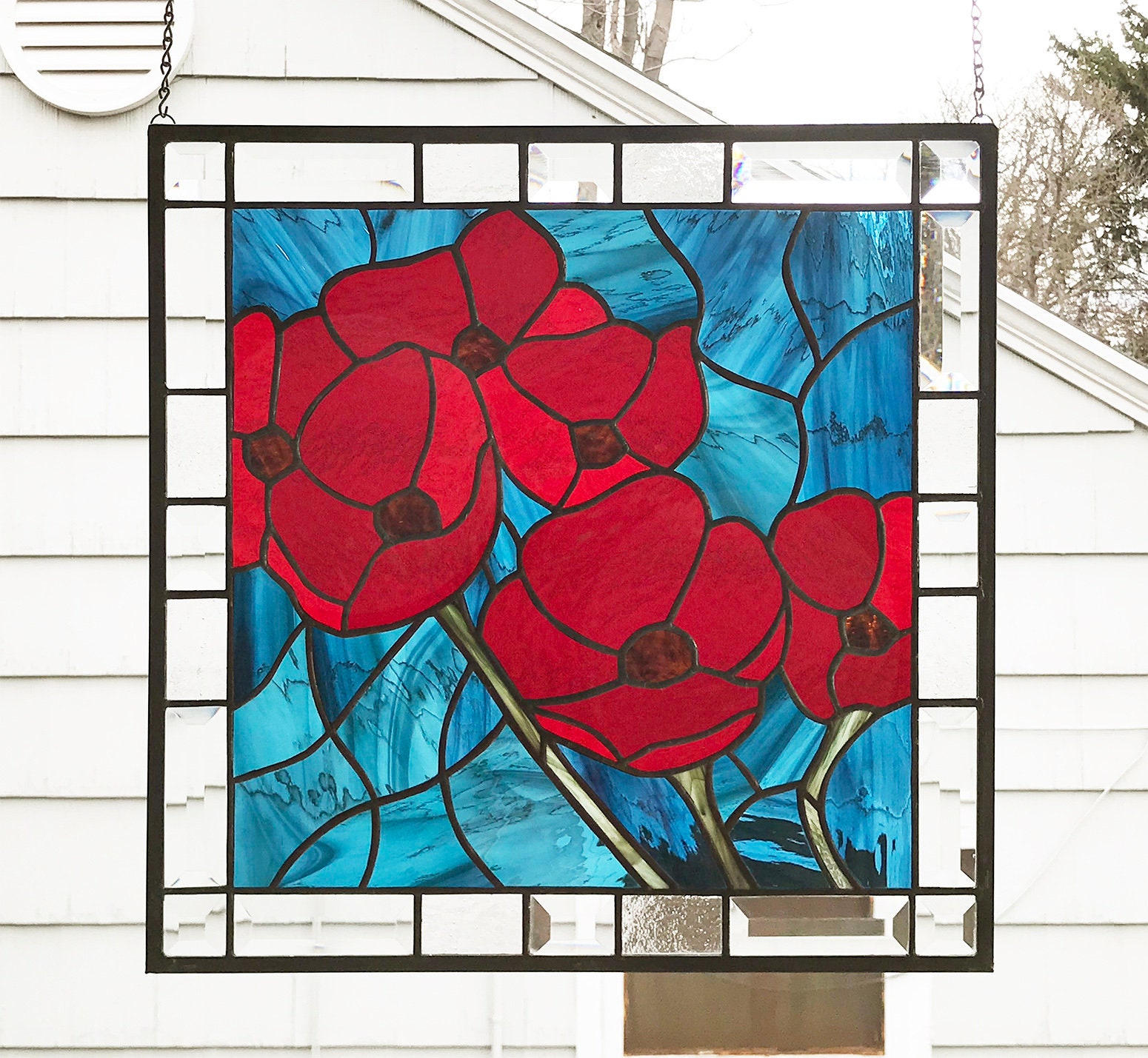 Stained Glass Window Panel--red Oriental Poppies--18