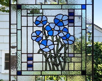 Stained Glass Window Panel--Forget Me Not Flowers Geometric -- 19" x 19"
