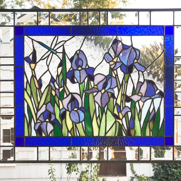 Six Purple Iris Flowers with Dragonfly--20" tall x 25"wide --Stained Glass Window Panel