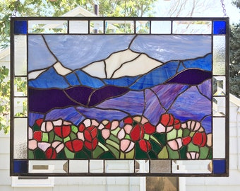 Stained Glass Window Panel--Mt. Baker with Tulips  15.5" x 21.5"