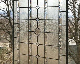 Stained Glass Window Panel-- Clear Textured and Beveled Geo -- 20.5" x 42.5"