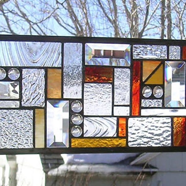 Stained Glass Window Panel--Geometric Mission Study-Warm tones- 7" x 24"