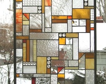 Stained Glass Window Panel--Mission Style Geo Warm Tones- 18" x 24"