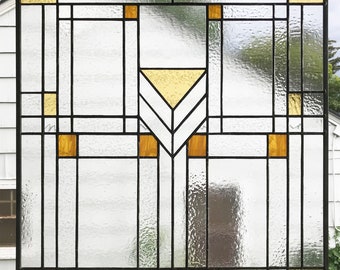 Stained Glass Window Panel--Prairie School Style Privacy panel 24" wide x 27" tall