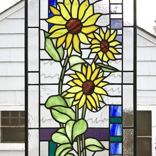 Sunflowers Geometric  --13" x  24"- Stained Glass Window Panel