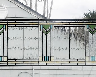 Stained Glass Window Panel--Prairie School Style in Gold, Green and, Lt. Blue -12" tall x 48" wide
