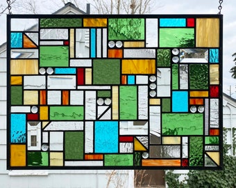 Mission Style Geo Bright colors- 15.25 tall" x 21.5"wide" --Stained Glass Panel