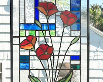 Stained Glass Window Panel--California Red Poppies---12" x 17.5"