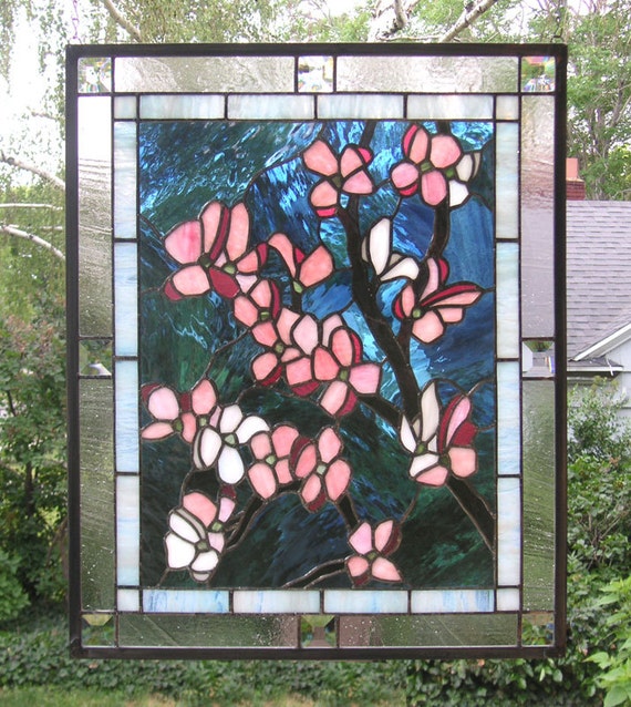 Stained Glass Window Panel--pink Dogwood Flowers- 20