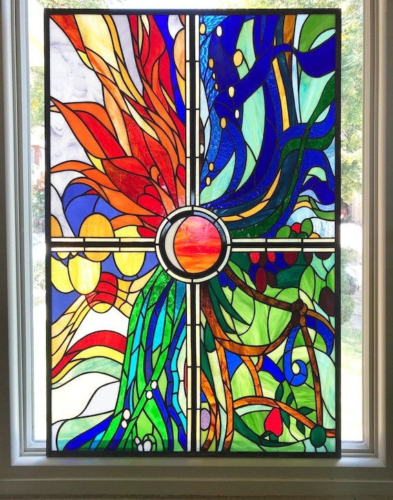 Stained Glass Window Panel burst of Color 24 X 36 
