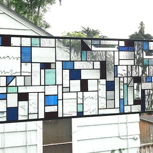 Stained Glass Window Panel-- Style Geo Clear and Muted Tones-- 13&quot; x 40&quot;--