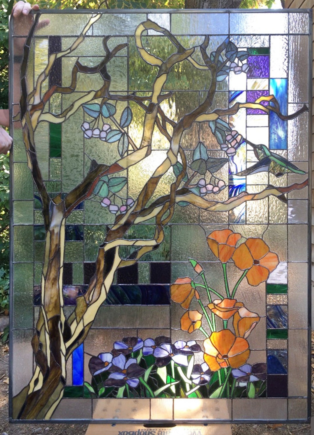 Stained Glass Window Panel--manzanita With Flowers Geometric- 39