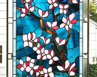 Stained Glass Window Panel--Pink Dogwood Flowers, 24" x 36"
