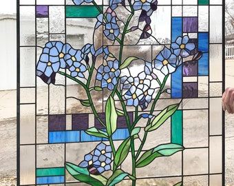 Forget-Me-Not Geometric Design Panel- 35.75"x 56.25"--Stained Glass Window Panel