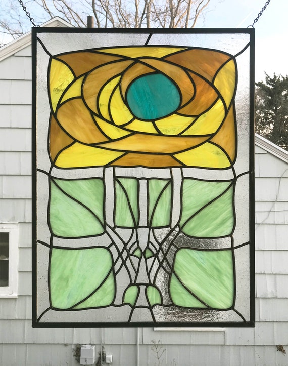 Stained Glass Window Panelart Nouveau Flower 16 X Etsy