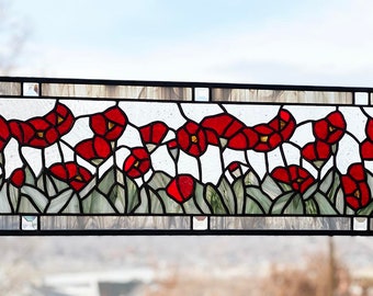 Red Oriental Poppy Transom Panel- Grey Border 9" x 40"