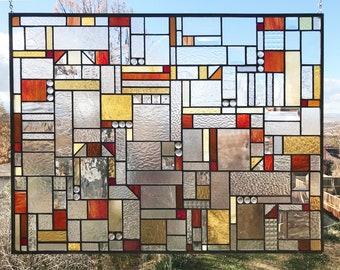 Mission Style Stained Glass Window Panel – Geometric Warm Tones