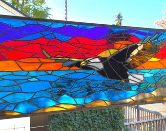Bald Eagle flying over Water--15" x 47" --Stained Glass Transom Window Panel