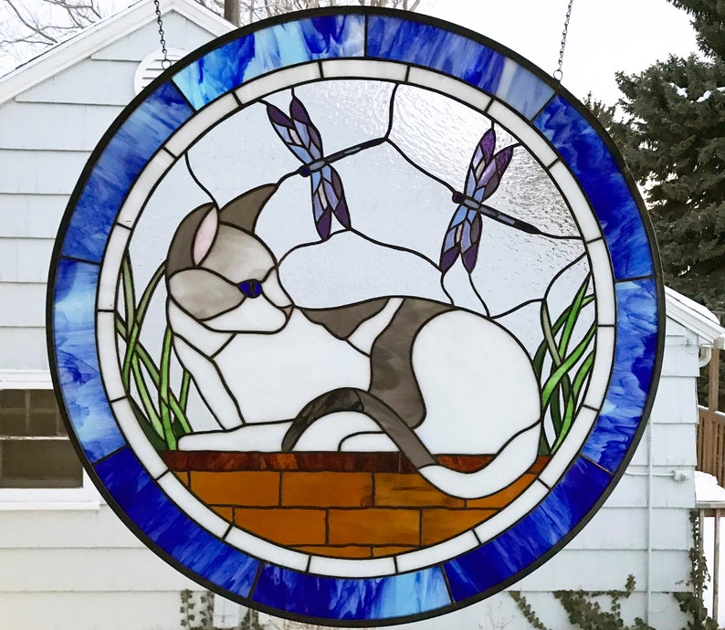 Stained Glass Window Panel Round 35 Diameter Kitty With Dragonflies