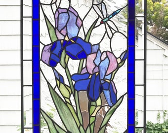 Purple Iris Flowers with Dragonflies--35" tall x 18"wide --Stained Glass Window Panel
