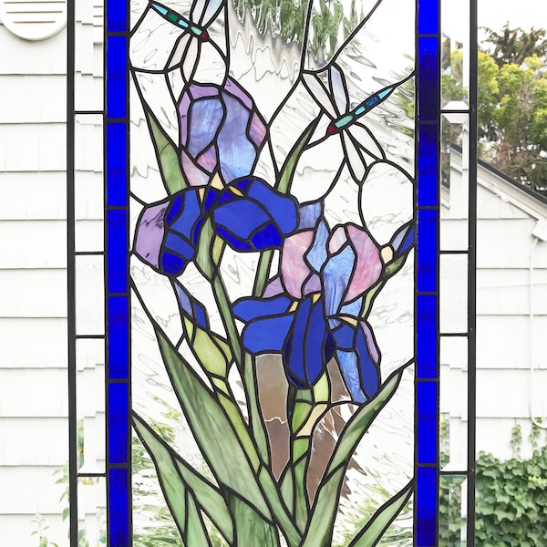 Purple Iris Flowers with Dragonflies--35" tall x 18"wide --Stained Glass Window Panel