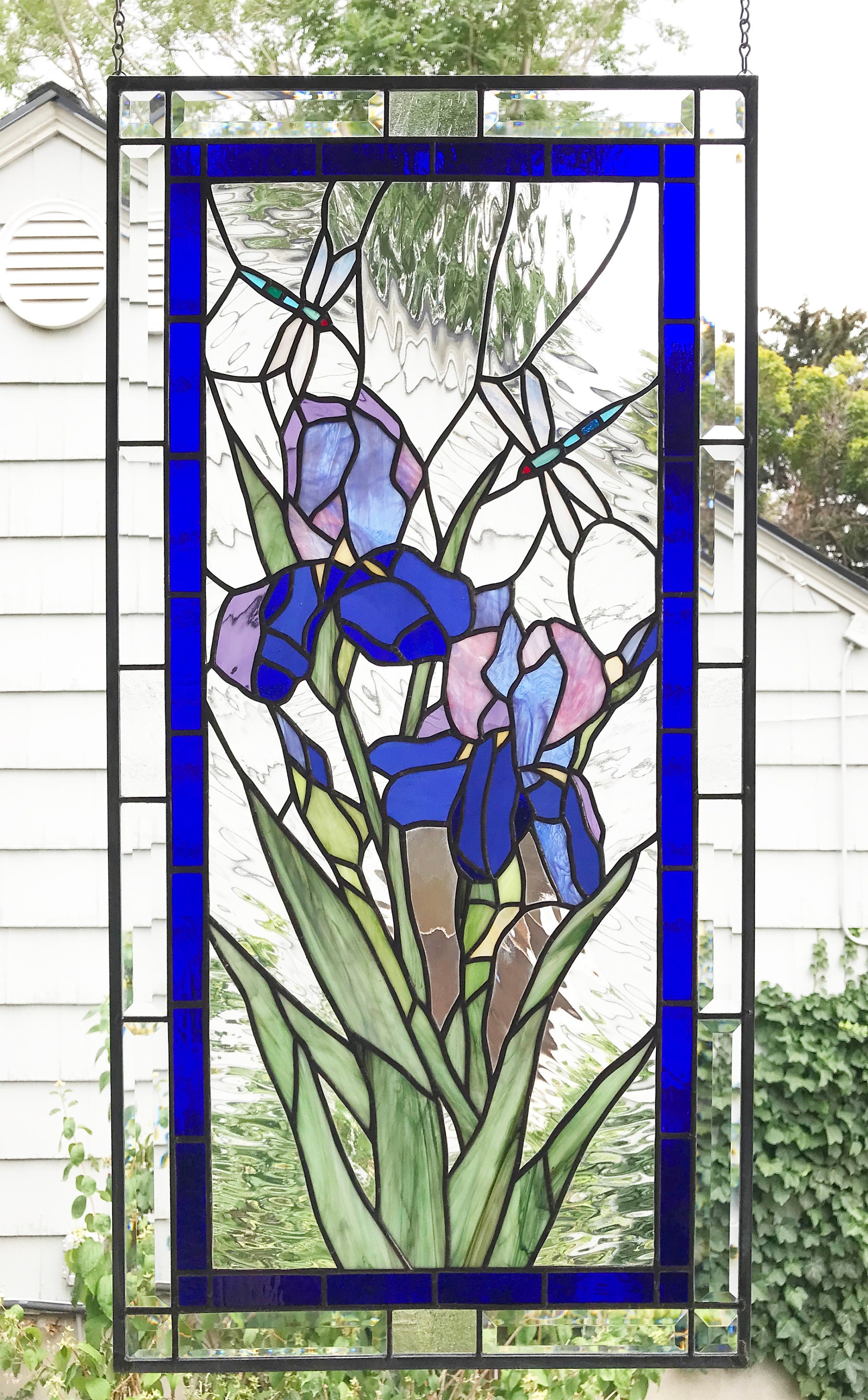 Purple Iris Flowers With Dragonflies35" Tall X 18"Wide Stained Glass Window Panel