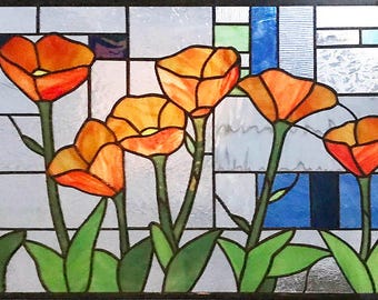 California Poppies Blooming Geo- 13.5" x 27."  Stained Glass Window Panel--