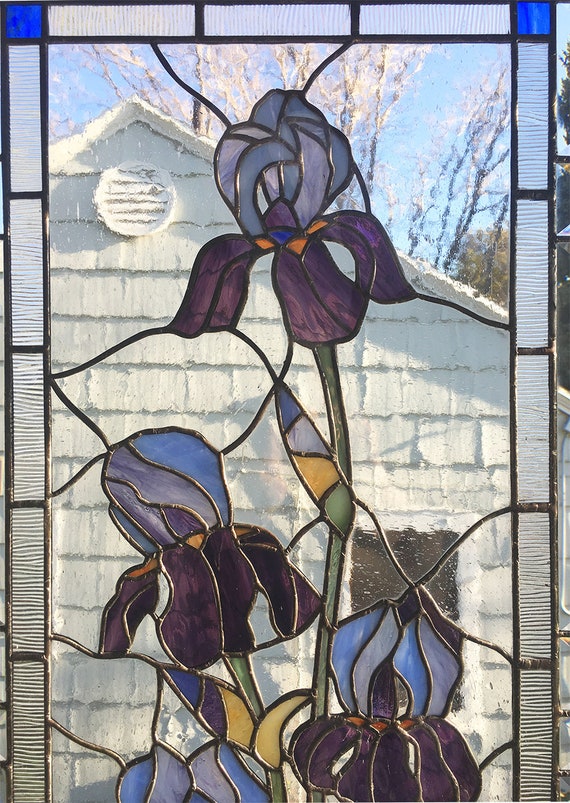 Stained Glass Window Panel-tall Purple Iris -- 17 5/16