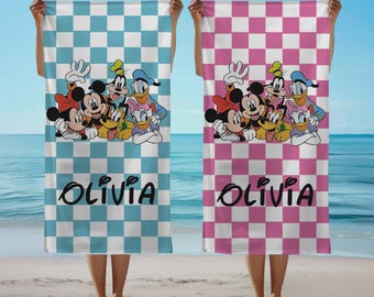 Retro Mickey Minnie Towels, Disney Family Vacation Towel, Custom Disney Towel, Checkered Mickey Towel Birthday Gift