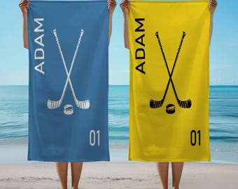 Personalized Hockey Team Beach Towel, Custom Hockey Dad Gift, Sports Mom Towel, Hockey Baby Name Gift, Hockey Jersey Number, Sports Fan
