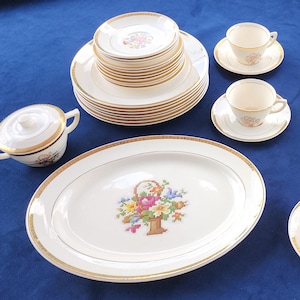 Century by Salem Vintage China – Floral Basket Pattern with 23K Gold Trim – Plates, Cups, Saucers, Platter & Sugar Bowl