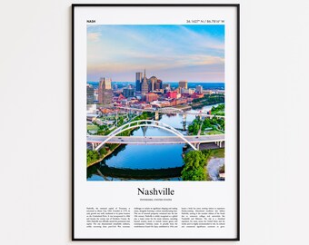 May include: A framed print showing an aerial view of Nashville, Tennessee, with a modern bridge over a river. The image displays the city's skyline under a blue sky, with the city's name and coordinates at the top and bottom.